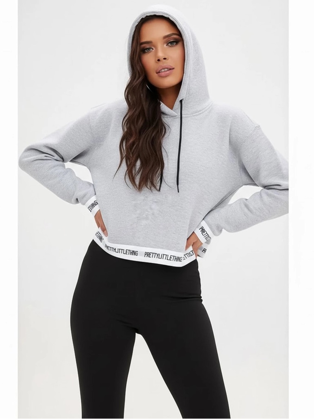 PrettyLittleThing Light Grey Cropped Hoodie with Branded Hem